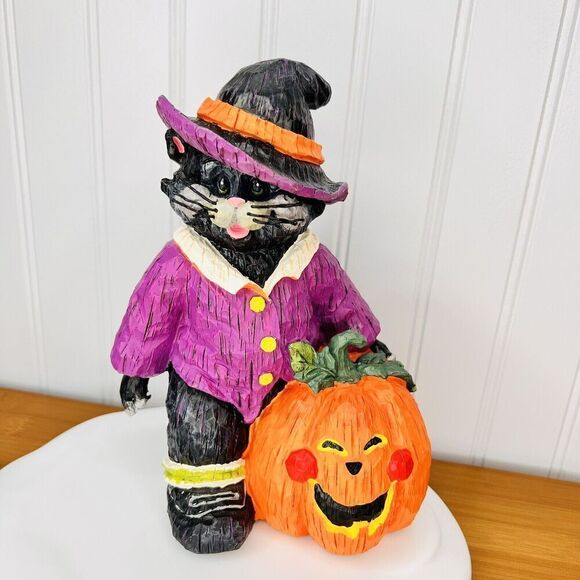 Halloween Black Cat Jack O Lantern Figurine Vintage Style Table Resi Decor 8.5” - Picture 1 of 10